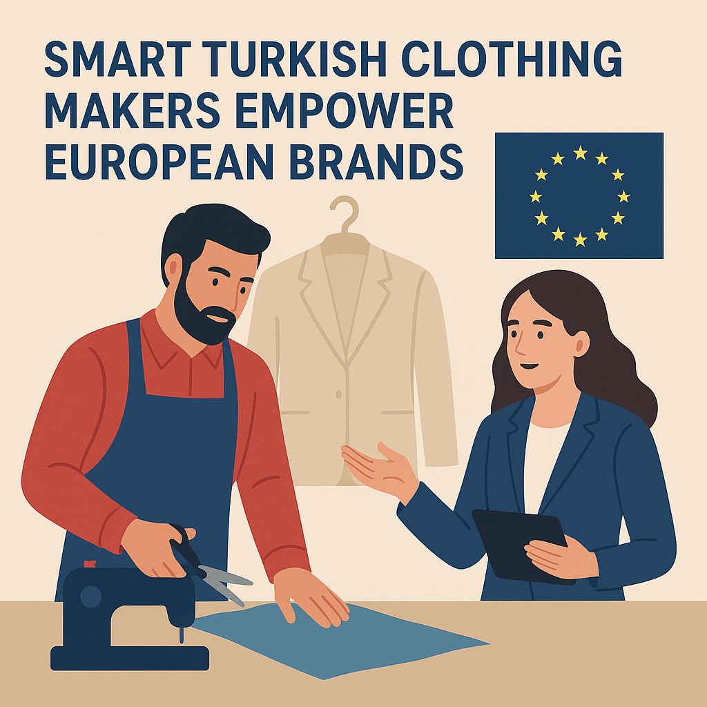 Turkish clothing manufacturer team creating sustainable European fashion designs in a bright atelier.