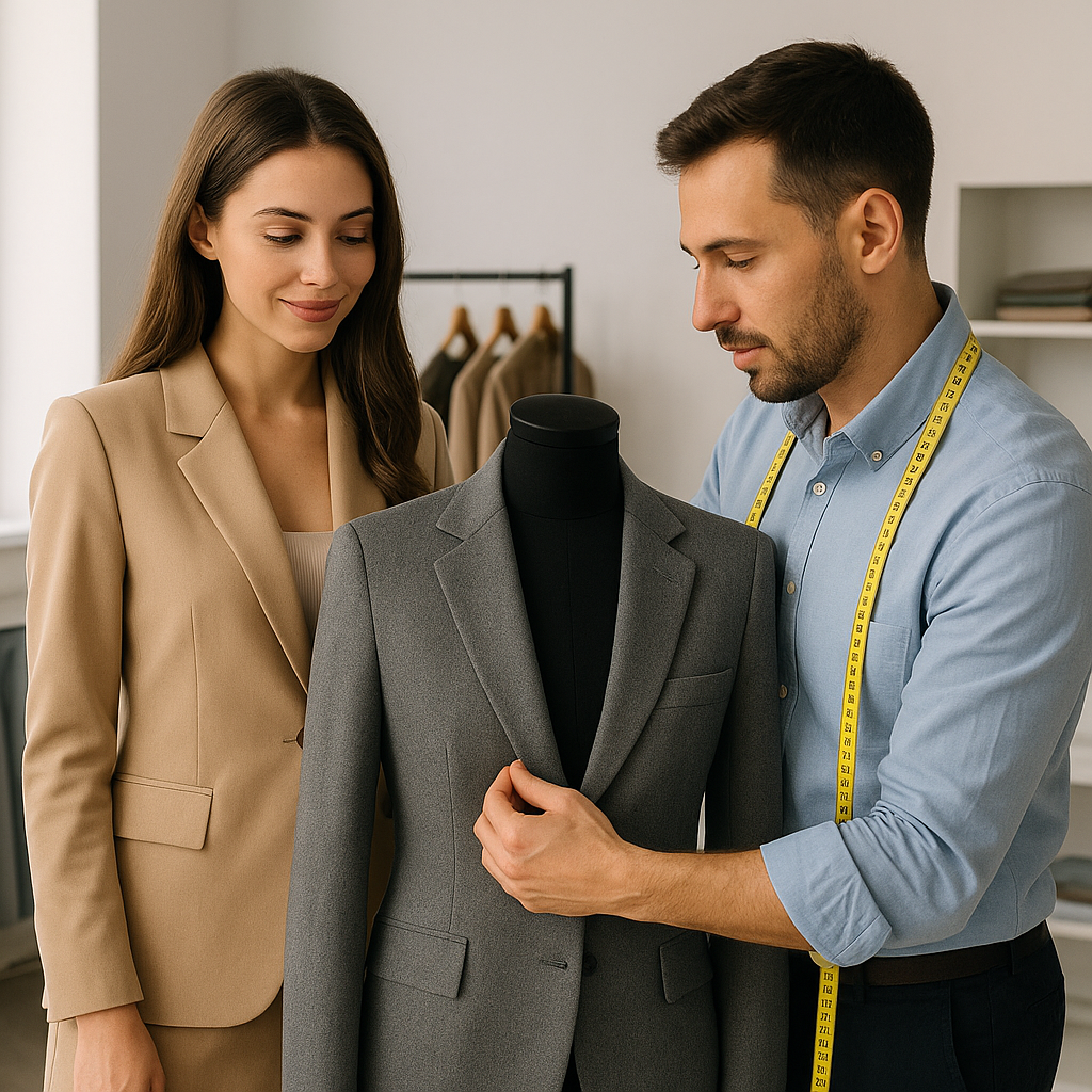 A Turkish clothing designer and tailor adjusting a gray blazer on a mannequin inside a modern fashion workshop.