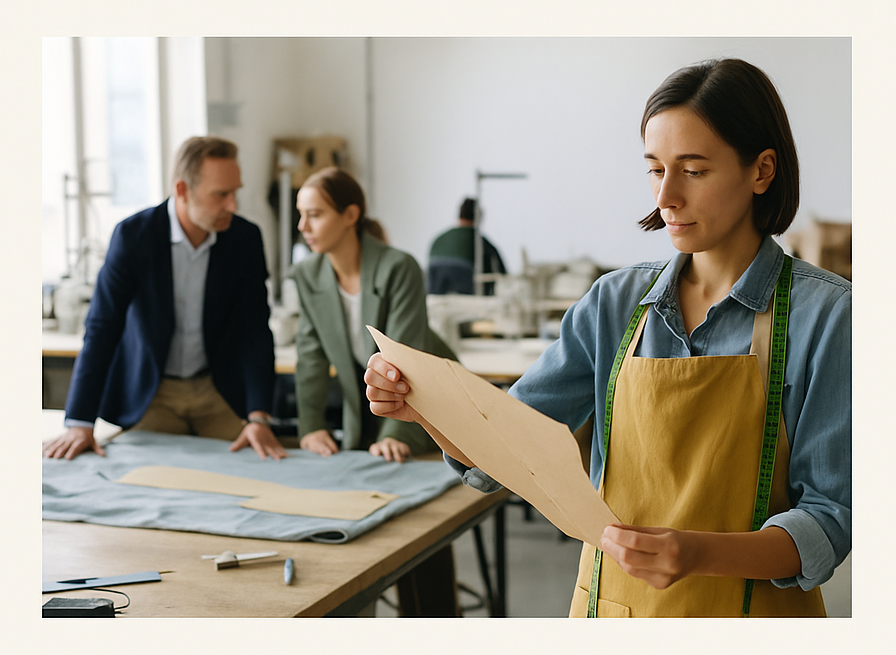 Designers and tailors collaborating in a Turkish clothing manufacturer workshop with sustainable fabrics and sewing machines.
