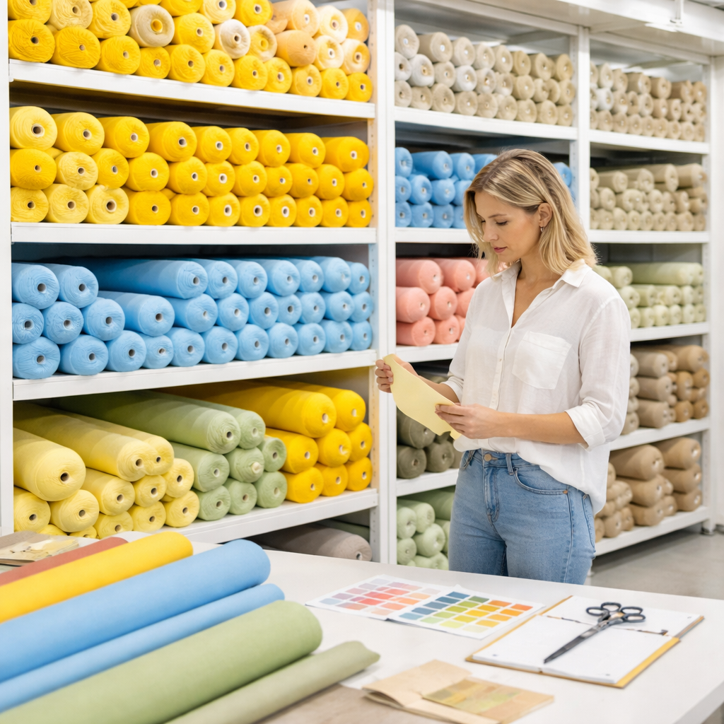 Sourcing vibrant SS26 fabrics at a Turkish clothing manufacturer.