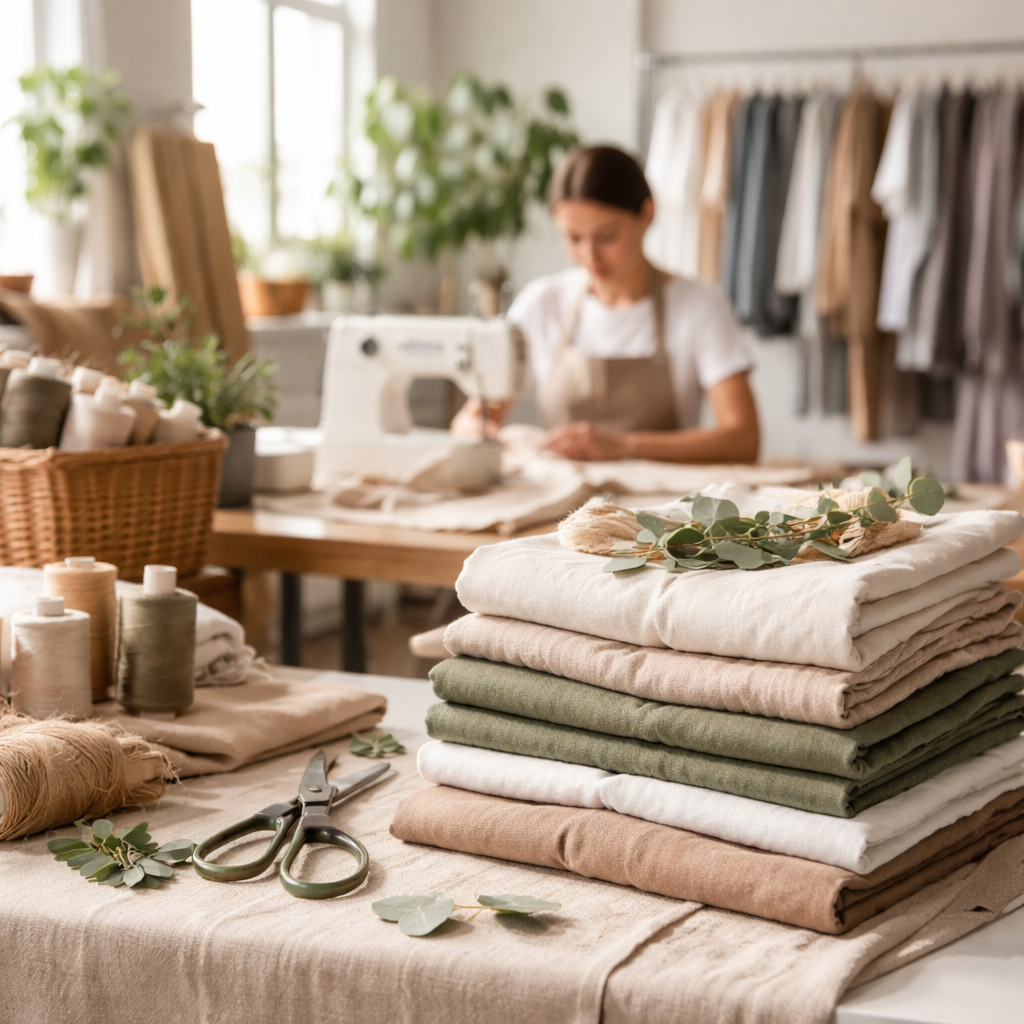 Sustainable fabric roll storage in an eco-friendly Turkish clothing factory.