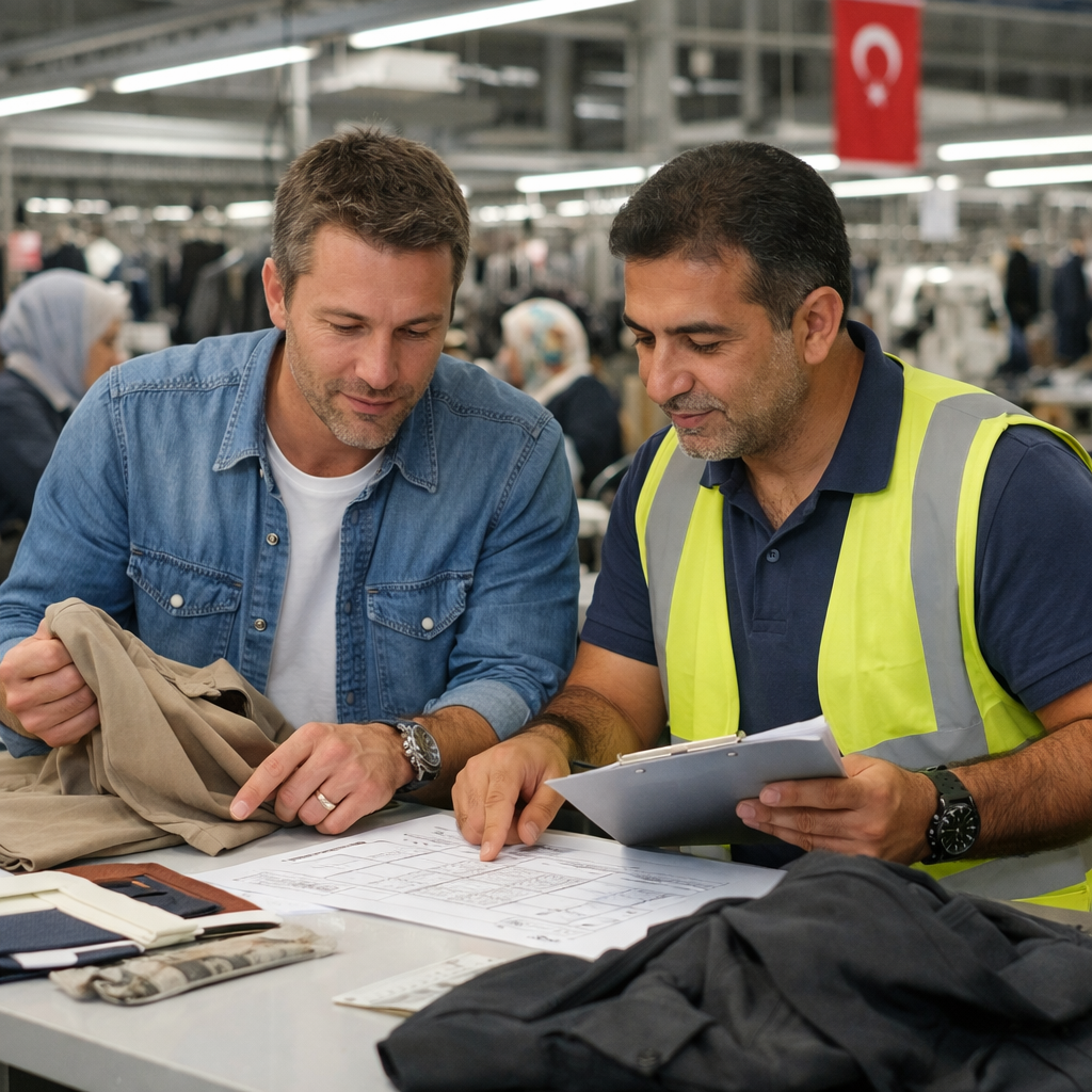 European designer collaborating with Turkish production team in a modern factory.