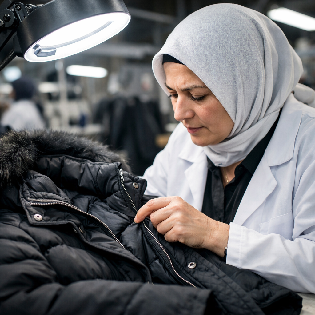 Final quality inspection for a Winter 2026 garment by a Turkish clothing manufacturer.