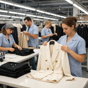 A small batch of finished garments being quality-checked on a production line in Turkey