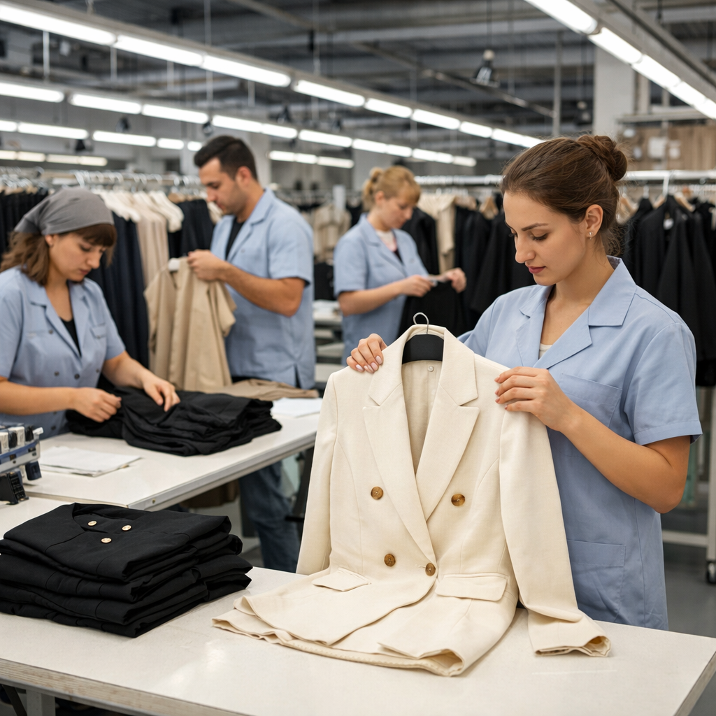A small batch of finished garments being quality-checked on a production line in Turkey