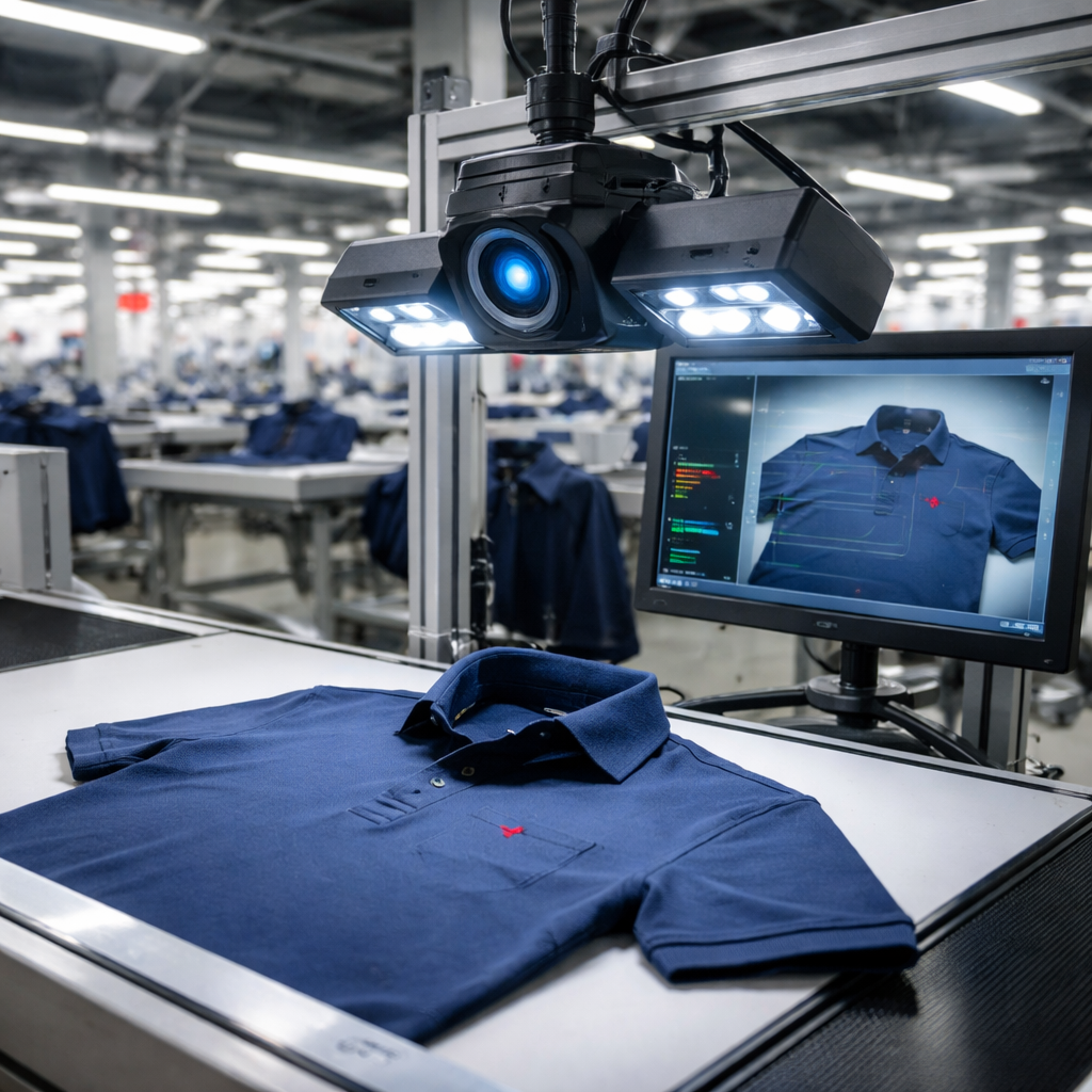 AI-powered quality control camera inspecting a garment on a Turkish production line