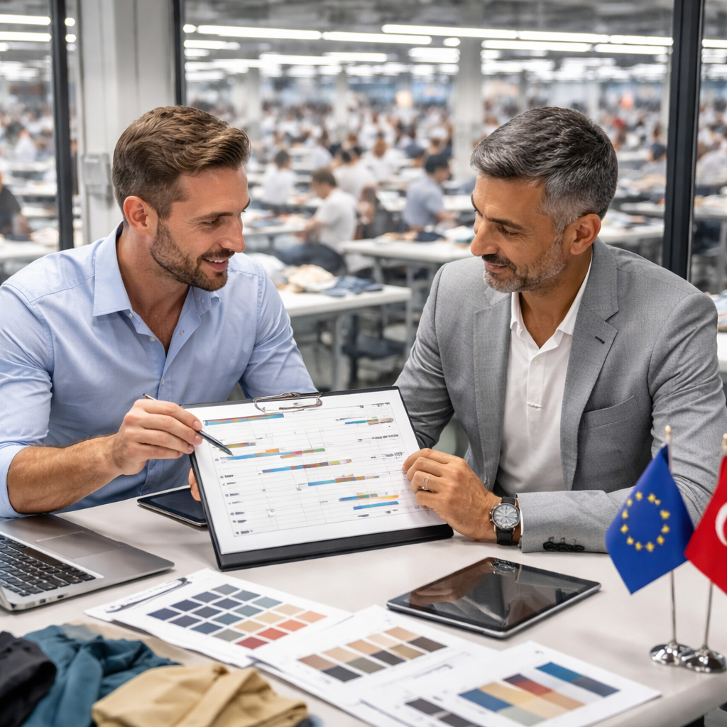 A European designer reviewing a production timeline with a manager in a modern Turkish garment factory.
