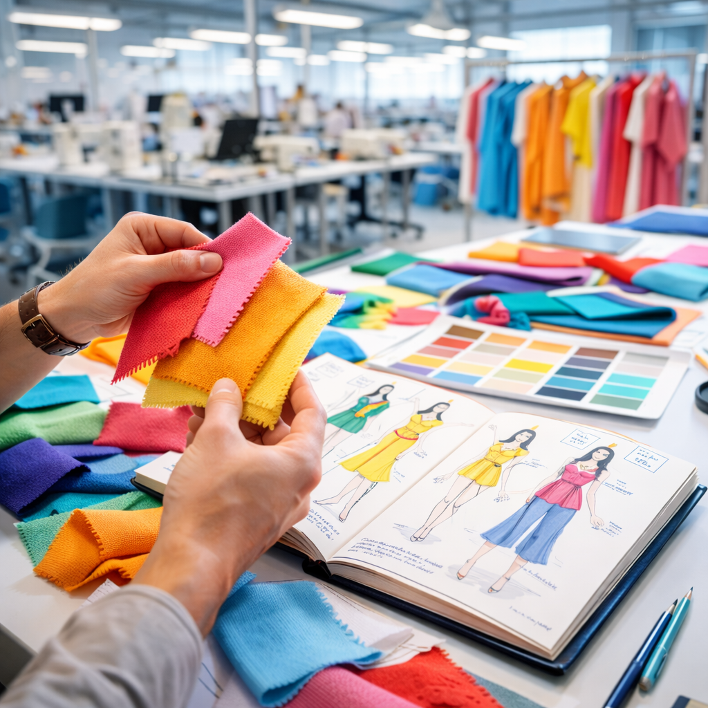 Bright spring summer fabric swatches being reviewed by a designer in a Turkish manufacturing studio
