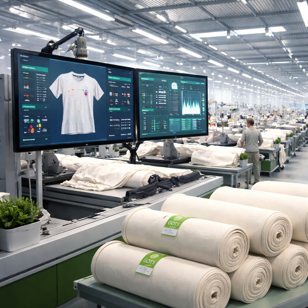 Modern Turkish textile factory with AI quality control screens and sustainable fabric rolls
