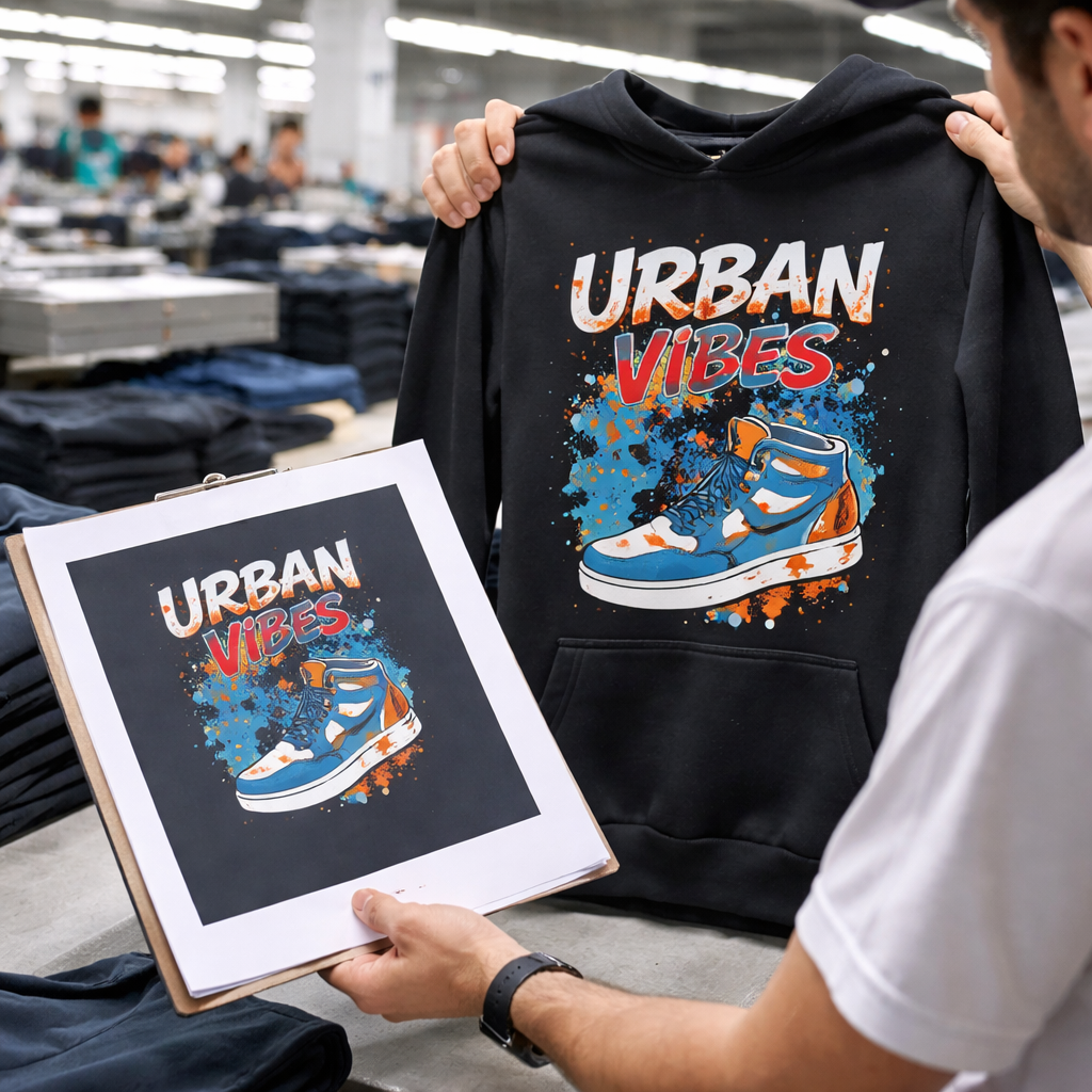 Quality inspection of screen printed hoodie comparing sample to digital mockup in Turkish factory