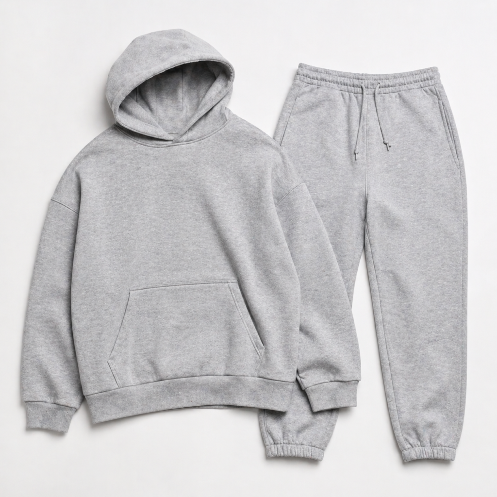 Full matching tracksuit set with hoodie and sweatpants laid flat on a white background