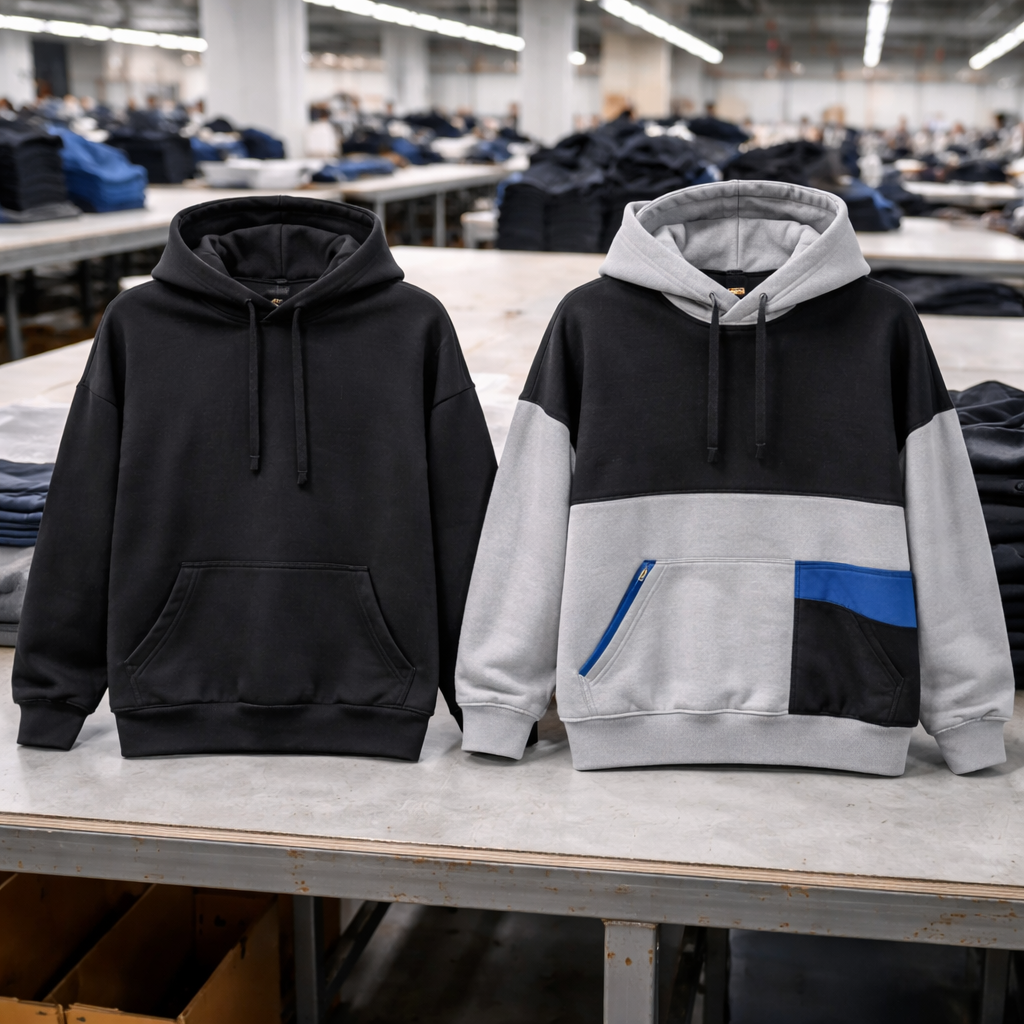 Comparison of a standard blank hoodie versus a custom cut-and-sew hoodie on a factory table