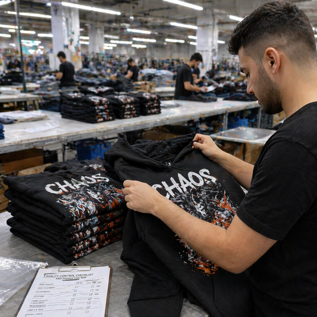 Stack of freshly printed hoodies being quality checked in a Turkish factory after first production run
