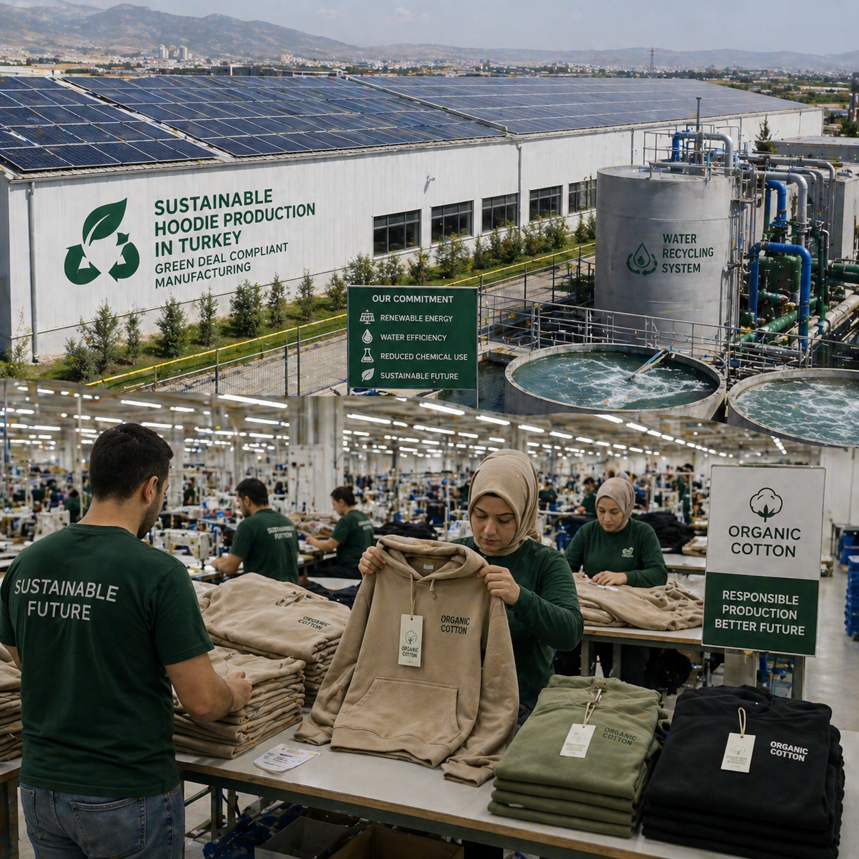 Sustainable hoodie production in a Turkish factory with solar panels and water recycling system