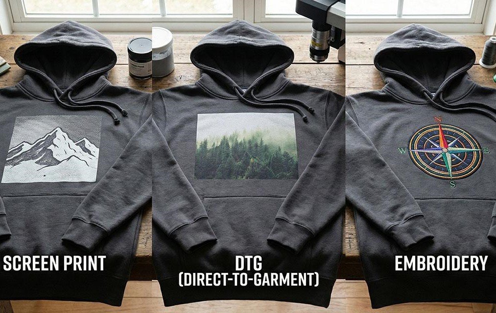 Close-up comparison of screen printed versus DTG printed hoodie fabric after multiple washes