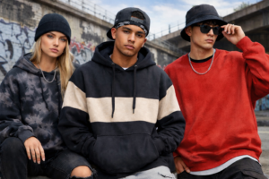 Premium streetwear hoodies worn by fashion models in an urban environment representing a Turkish clothing manufacturer