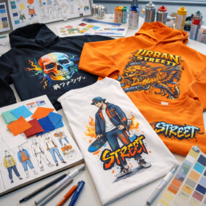 Custom printed streetwear hoodies and t-shirts laid out on a mood board with design sketches