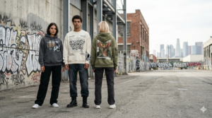 Three diverse young models in an industrial urban setting wearing premium oversized streetwear hoodies with detailed graphic prints and embroidery, professional editorial fashion photography.